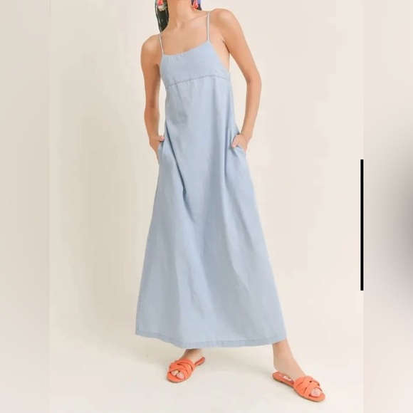 SAGE The label Chambray Blue Sleeveless Maxi Dress Pockets Spaghetti Straps - Picture 1 of 16